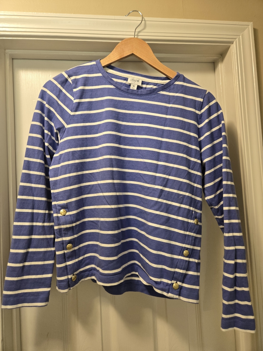 J. Crew Blue and White Striped Long-Sleeve Tee with Gold Buttons